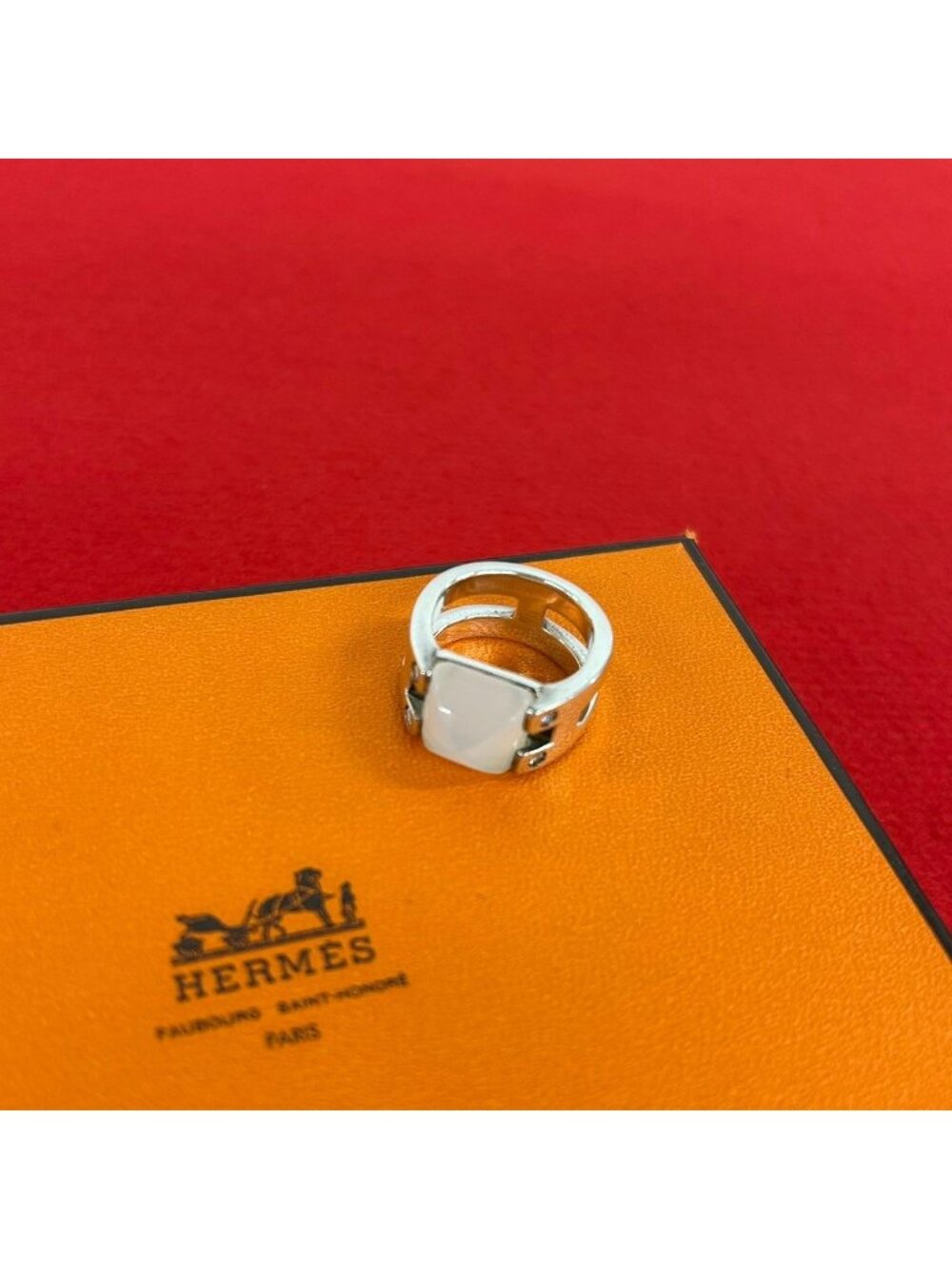 Hermes Medor Ring 925 Sterling Silver Moonstone Diamond 51 White